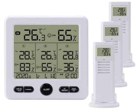 TIEOAXFT Stazione meteorologica Wireless termometro Interno ed Esterno igrometro Digitale della Temperatura con 3 sensori remoti Smart Home(White)