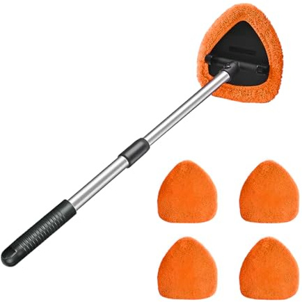 Windshield Cleaning Tool, Car Window Cleaner with Extendable Long Handle and 3 Washable Reusable Microfiber Pads, Auto Interior Exterior Glass Wiper Cleaning Kit Universal for Office and Home (Orange)