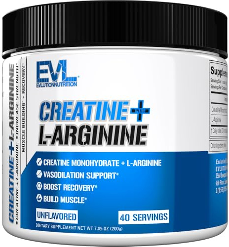 Evlution Nutrition Creatine + L-Arginine - Supports Vascularity, Recovery & Lean Muscle Growth - 2500mg Creatine Monohydrate & 2500mg L-Arginine Per Serving - 40 Servings - Unflavored Powder