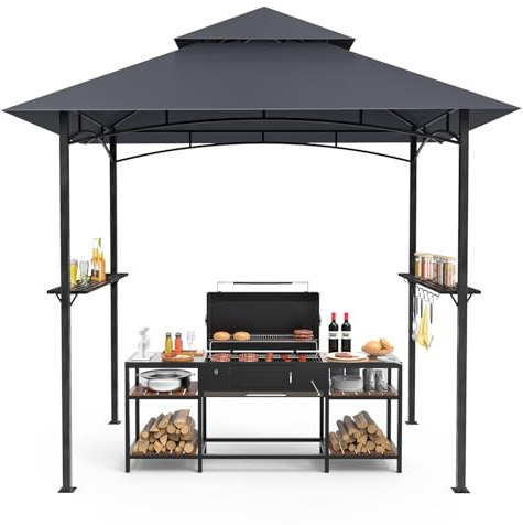 GVDV Tonnelle Barbecue 2,4 × 1,5 m – Abri de Jardin Étanche avec Double Toit, Étagères, 10 Crochets & Décapsuleur – Pavillon BBQ pour Terrasse, Jardin ou Camping, Gris Foncé
