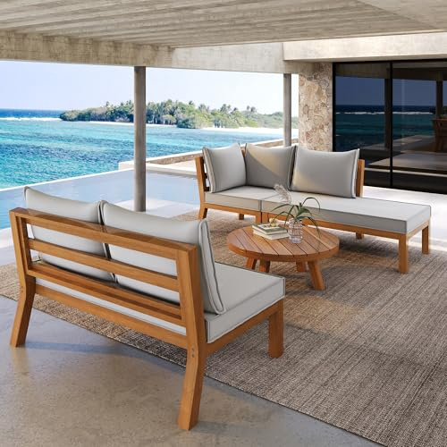 SOFCLOTH Gartenmöbel Set, Ecksofa & Couchtisch, Akazienrahmen, Akazientischplatte, Dicker Massivholzrahmen, Outdoor, geeignet für Gärten, Schwimmbäder und andere Outdoor-Szenen, grau