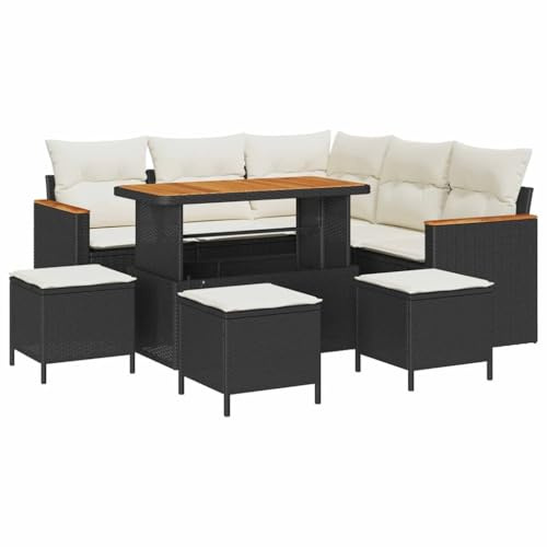 vidaXL Trädgårdsoffset 9 pcs Svart konstrotting, Trädgård och Terrass, Modernt Utemöbelset, Rattansoffor, Akaciabord, Avtagbara Kuddar, Soffa för Uteplats