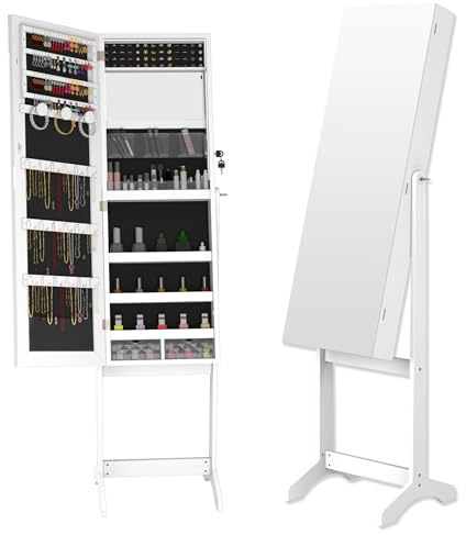 SUBTLETY Schmuckschränke Zweibeinig Schmuckregal mit Ganzkörperspiegel, Ohrringschlitzen, Halskettenhaken, LEDs, Ringschlitzen & Make-up Ablagen Platzsparend Schmuck Standspiegel (Weiß)