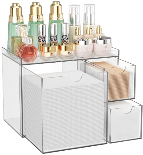 Youdepot Clear Acrylic Face Towel Holder with 3 Drawers, All-in-One Bathroom Vanity Organizer for Disposable Face Towels, Cotton Pads, Swabs and Skincare Tools