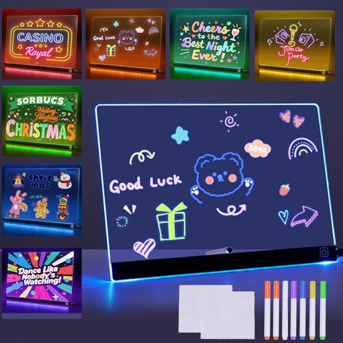 Tableau lumineux Message LED 30x20cm, Tableau Lumineux en Acrylique avec 7 Couleurs & Support Réglable, tableau Magique Acrylique Effaçable, Pour Café,Maison,Bureau