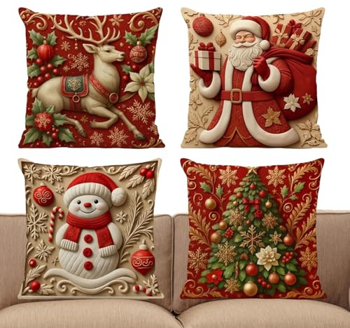 Doiyislem Funda De Cojín De Navidad | Decoración De Funda De Almohada con Bordado De 45 cm,4 Piezas Fundas para Cojines Decorativos De Navidad,para Casa Apartamento Interior Exterior Sofá Porche