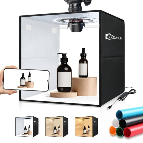 XKDAICH 12x12 Inch Portable Folding Photo Studio Box with Dimmable Ring Light, 3 Color Temperatures & 6 Backdrops for Product Photography, YouTube Videos, Smartphone
