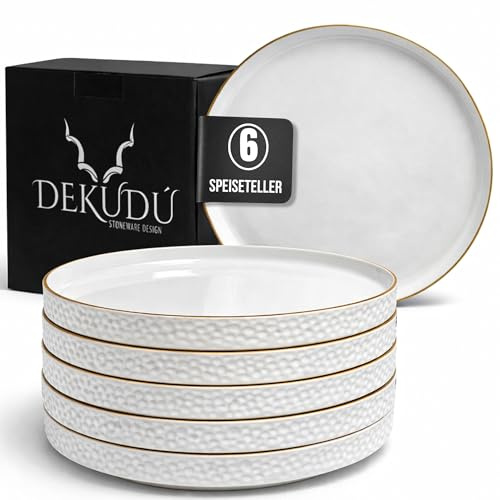 DEKUDÙ Platos Vajilla Platos Llanos Ceramica de Gres de Calidad - Fabricados a Mano - 6 Piezas de 25,5cm - Gran Dureza Aptos Lavavajillas Microondas - Estilo Moderno - Color Blanco