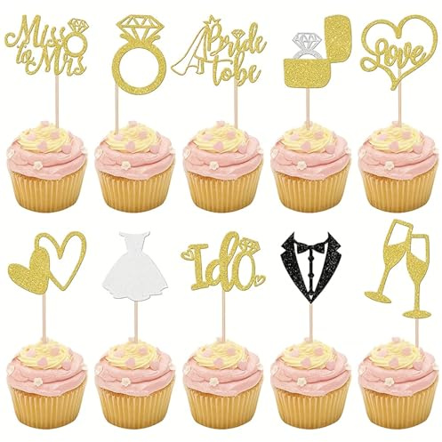 Glitterset för bröllop och cupcake, 20 stycken glitter, tårtdekoration med 10 mönster, Bride to Be, I Do, Love, diamantring, champagneglasmotiv för brudfest, förlovning (guld)