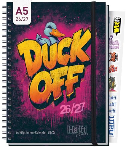 Häfft® Planer Premium 2026 2027 A5 Hardcover Schülerkalender Duck off | Anti-Langeweile-Garantie - Hausaufgabenheft, Schulplaner, Schülerplaner mit Gummiband, Stickern, lustigen Sprüchen & mehr