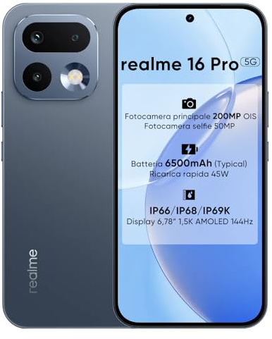 realme 16 Pro 5G Teléfono Móvil Smartphone, Pantalla AMOLED 6,78 1.5K 144Hz, 200MP OIS, Selfie 50MP, Batería 6500mAh, Carga Rápida 45W, IP68/IP69K Impermeable (Pebble Grey, 512, GB, GB, 8)