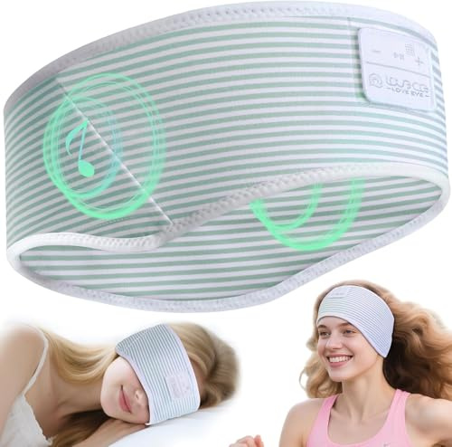 LOVE EYE Sleep Headphones Headband, Striped Soft Skin-Friendly, Sleep Mask with Thin HD HiFi Bluetooth Speakers, Wireless Music Headband Headphones for Men Women Teens Relax Travel Yoga (Green)