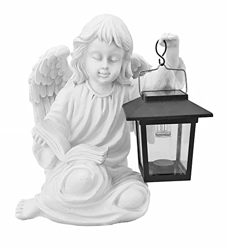 abc HOME | Schutzengel mit Solar-Laterne – 24 cm H – LED Grabschmuck mit Lichtsensor – Wetterfeste Engelsfigur aus Polyresin – Gedenkstein & Gartendeko