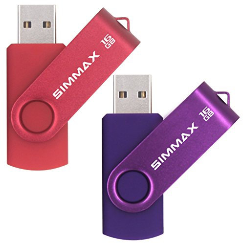 SIMMAX Memorias USB 2 Piezas 16GB USB 2.0 Stick Giratoria Flash Drive Pendrives Almacenamiento Datos (16GB Rojo Púrpura)