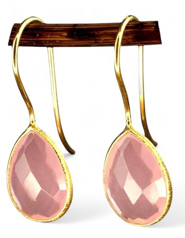 MadamLili - Ohrringe Rosenquarz Edelstein - 925 Sterling Silber Vergoldet - Handgefertigt - Hängende Rosa Ohrhänger - Exklusive Schmuckbox