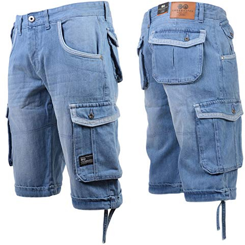 Mens Denim Shorts Crosshatch Wing Embossed Jeans Turn Up Hem Cargo Combat Pants