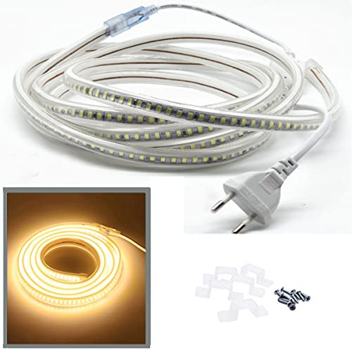 FOLGEMIR 4 Meter Warmweiß LED Band, 2835 SMD 144 Leds/m Lichtleiste, 220V 230V LED Strip, sehr helle Beleuchtung - ca. 900 LM pro Meter, IP65 wasserdicht