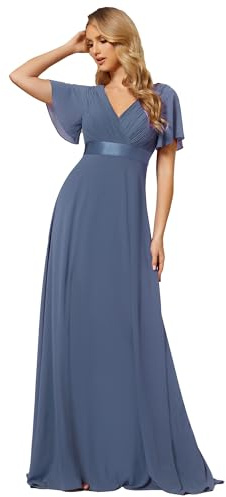 Ever-Pretty A-línea Vestido de Fiesta Cuello en V Manga Corta Gasa Corte Imperio para Mujer Armada Polvorienta 38