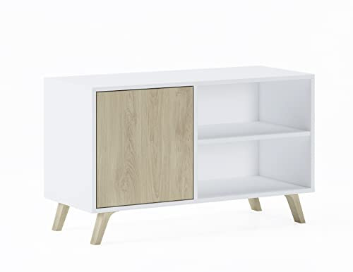 Skraut Home | Mueble de TV para Salón | 57 x 95 x 40 cm | Indicado para TV de 32/40 | Modelo Wind 100 | Blanco Mate/Roble