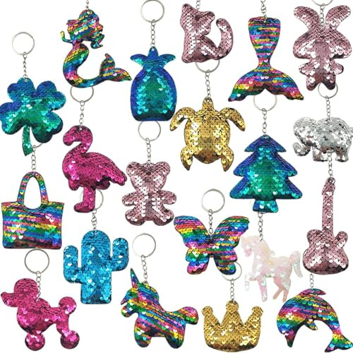 GuassLee 20 x Flip-Pailletten-Schlüsselanhänger, Partyzubehör, Ostertaschenfüller, Schlüsselanhänger für Kinder und Erwachsene, Geburtstagsgeschenke, Rucksack-Zubehör