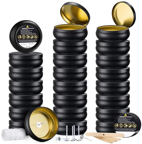 opeshar 24er Set Schwarz Kerzengläser mit Deckel, 120 ml Weitmundige Leere Gläser für Handgemachte Kerzen, inkl. Docht, Dochtständer & Aufkleber, Ideal für Kerzen-DIY & Kleinunternehmen