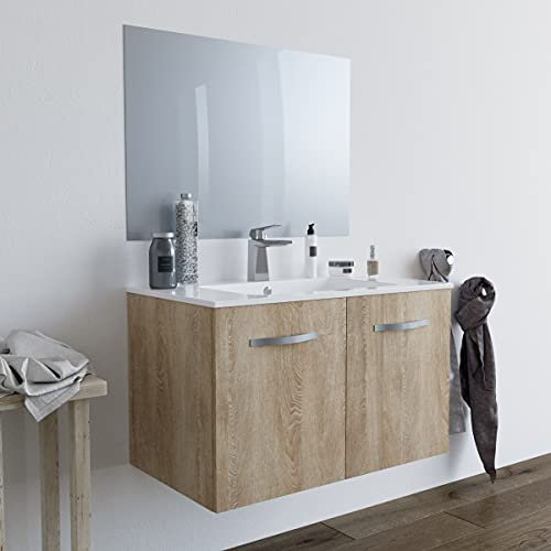 MarinelliGroup Mobile bagno SOSPESO 80 cm con lavabo in ceramica con 2 ante ROVERE CHIARO BUMA 8180