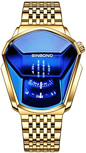 Gosasa Simple Fashion Cool Men's Casual Waterproof Stainless Steel Quartz Wristwatch Geometric Shape Case Creative Men's Digital Watch, Blue Gold Strap, Fashion, Business, Personality, Unique