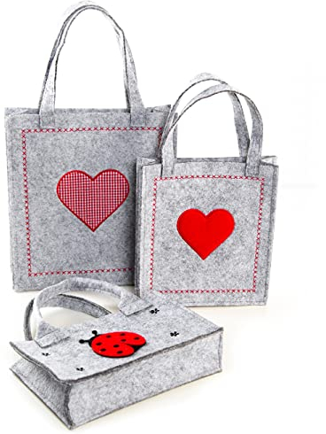 Logbuch-Verlag 3 kleine Geschenktaschen Filztaschen grau rot mit Herz als Geschenk Verpackung Geburtstag Hochzeit Filz