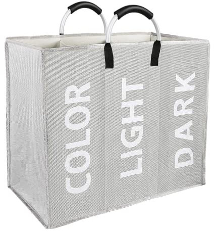 Vegena Faltbarer Stoff Wäschekorb mit Aluminium-Griff, Wäschesammler 3 Fächer Groß Wasserdicht Wäschesortierer Wäschesack Schmutzwäsche Organizer Wäschetrenner Wäschetasche für Schmutzwäsche