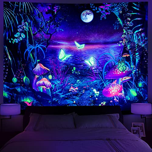 Serborlur Blacklight Fantasy Forest Moon Tapestry UV Reactive Butterfly Galaxy Space Tapestries Wall Hanging Aesthetic Starry Night Backdrop for Bedroom Living Room Decor (51.2 × 59.1 inches)