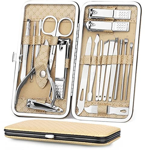 Coolzon Set de Manicura y Pedicura, Kit Manicura de 19 Piezas, Set Manicura, Damas y Hombres, Conjunto Completo con Todo Para el Cuidado de Manos y Pies, Clip de Uñas de Acero Inoxidable，Caqui