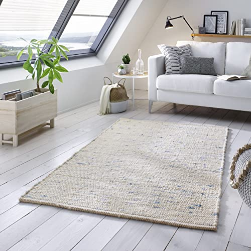 TacaHome Wollteppich Natur Handweb Teppich I Reine Schur-Wolle im Skandinavischen Design I Wohnzimmer Schlafzimmer Esszimmer Kinderzimer Büro | 90 x 160 cm Blau Meliert