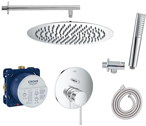 vanvilla Duschsystem Unterputz mit Duscharmatur Grohe poliert G05. V2 | Duscharmatur von Grohe Essence Einhebelmischer und vanvilla Regendusche Duschkopf rund, Dusch-SET poliert