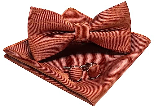 JEMYGINS Flache Textur Fliege Einfarbig und Einstecktuch mit Manschettenknöpfe Sets für Herren,Rostfarbe 2