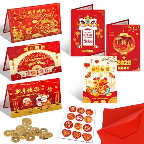 DPKOW Set di Biglietti per Capodanno cinese 2026, 6pz anno del Cavallo Biglietti con 6pz buste rosse + 10pz monete cinesi + 12pz cinese Capodanno adesivi, biglietti di auguri per anno nuovo cinese