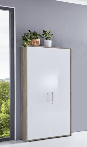 Aktenschrank Tabor hoch Büroschrank mit 2 Türen 84,4 cm breit in diversen Farbvarianten (Sonoma Eiche/weiß Hochglanz)
