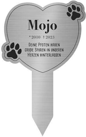 Casa Vivente Gedenktafel für Hunde, Silberner Grabschmuck, Tiergrab Grabstecker, Erinnerungstafel mit Name und Lebensdauer, Grabkreuz mit Gravur, Andenken an verstorbene Hund, Grabgesteck in Herzform