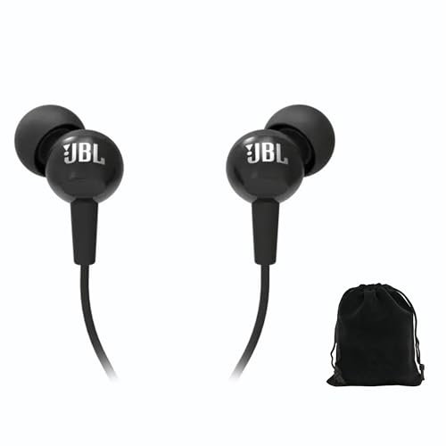 JBL Earbuds C100SI in-Ear Headphones Wired with Mic, Includes Carrying Pouch (Black), C100SI-Pouch