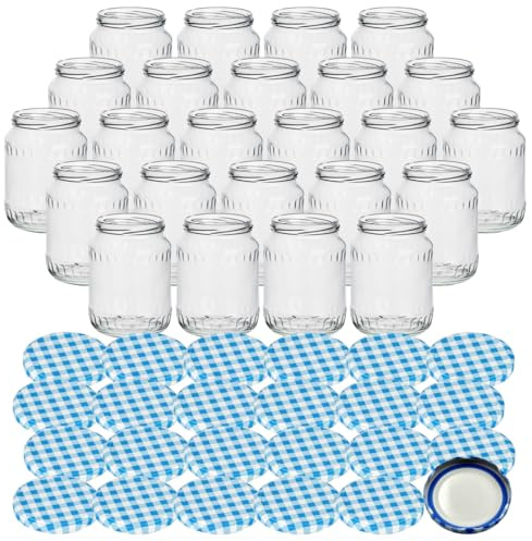 gouveo 24er Set Einmachgläser/Vorratsgläser 720 ml (0,72 l) Einmachglas 720 ml Facette Twist-Off Schraubdeckel Metall karo-blau BlueSeal TO 82 Sturzgläser zum Konservieren & Abfüllen (EGF720KBBS)