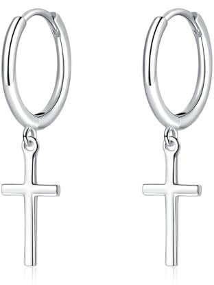 Cangall 925 Sterling Silver Cross Drop Hoop Earrings for Women, Simple Cute Cartilage Dangle Sleeper Earrings With Cross Charm for Girls