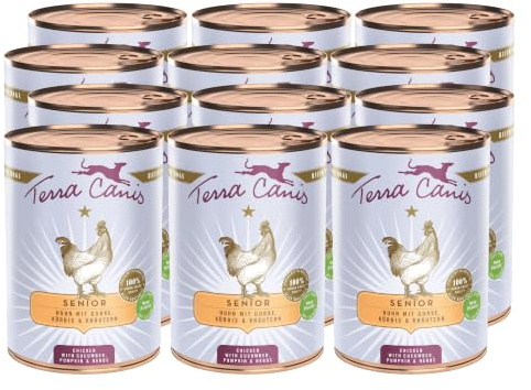 Terra Canis Poulet, Nourriture Humide Senior pour Chiens, 12x400g | 100% qualité alimentaire pour toutes les matières premières, concombre, potiron & herbes médicinales, recette senior