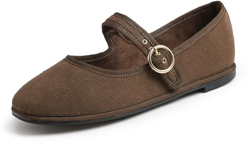 Feversole Women's Mary Jane Fashion，Scarpe Basse Classiche da Donna Décolleté Eleganti Mary Jane con Fibbia Morbida Scarpe da Ballo per Balletto per Donna Mary Jane in Velluto a Coste Marrone 39