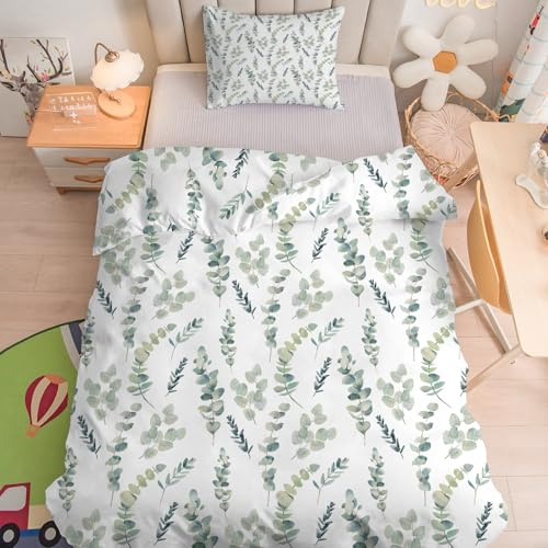 Linfye Parure de lit pour Enfant et BéBé Feuilles D'Eucalyptus Vertes Housse de Couette 100x135 cm Bebe et Taie d'oreiller 40x60 cm, Blanche Ensemble de Literie Linge de Lit pour Tout-Petits