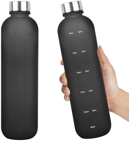 Water Bottle 32 oz, Frosted Style Sports Water Bottles BPA Free Water Bottle With Time Marker,Small mouth Leakproof Water Bottles with Strap for Gym Fitness Hiking Bike Camping (Black)