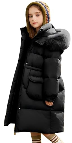 Tilozs Enfant Fille Manteau mi Long à Capuche Fourrure Doudoune Matelassé Veste Hiver Chaud Parka Rembourré Blouson Coupe Vent, Noir, 13-14 ans(Taille de l'étiquette: 160)