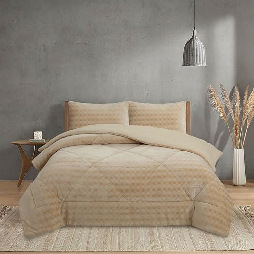 NH NOVOTEXTIL HOGAR Edredón Invierno Sherpa Cama 135 (230x260) Extra Grueso 560gr/m2 Efecto Borreguito - Edredón Suave, Cálido y Transpirable con 2 Fundas Almohada (50x70) (Cracovia Beige)