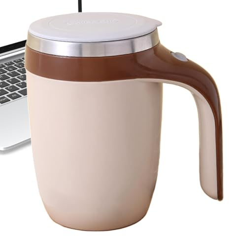kivrimlarv Automatic Design Stirring Coffee Mug, Electric Coffee Mug with Stirrer, Magnetic Stirring Coffee Tumbler, Mixing Coffees Mug 9x9x13.5cm for Drink, Coffees, Choco Drink, White, Brown Color
