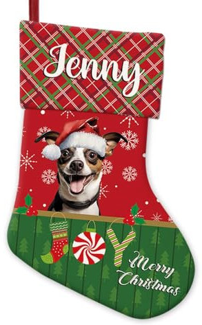 BAGEYOU Rat Terrier Hund in Weihnachtsmannmütze, Dekoration, Weihnachtsstrumpf, Weihnachtsfreude, Rot und Grün, individuelle hängende Strümpfe für Zuhause, Party, Dekoration, 36,6 cm
