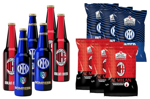 Bombeer PARTITA MILA.N VS INTE.R 6 Bottiglie da 33cl + 6 Patatine da 25gr - 3 Bottiglie e 3 Patatine per Squadra - Birra Originale By Christian Vieri - Puro Malto Bottiglie di Vetro - Made in Italy