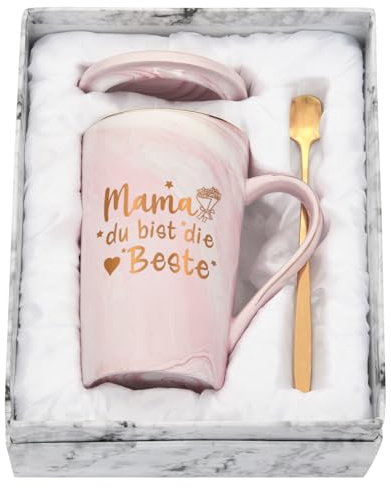 Joymaking Kaffeetasse MAMA du bist die Beste, Geschenkidee für MAMA zum Muttertag, Geburtstag, Weihnachten, 400ml Rosa Keramik Kaffeetasse mit Deckel und Löffel